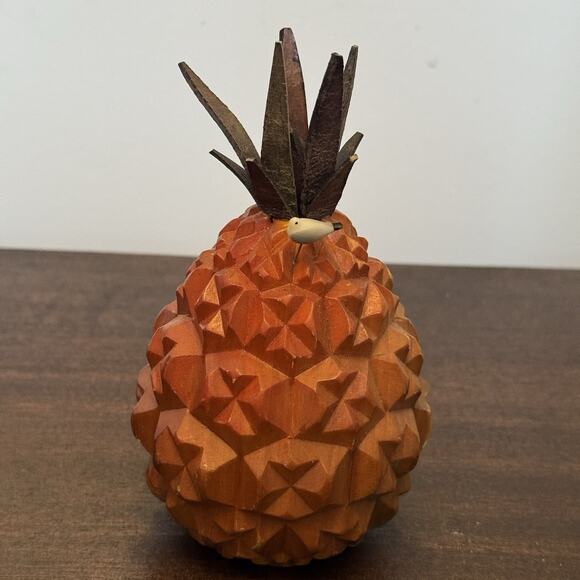 Wooden Pineapple with Bird Hand Carved MCM Vintage Hospitality Welcome Fruit - Picture 6 of 11